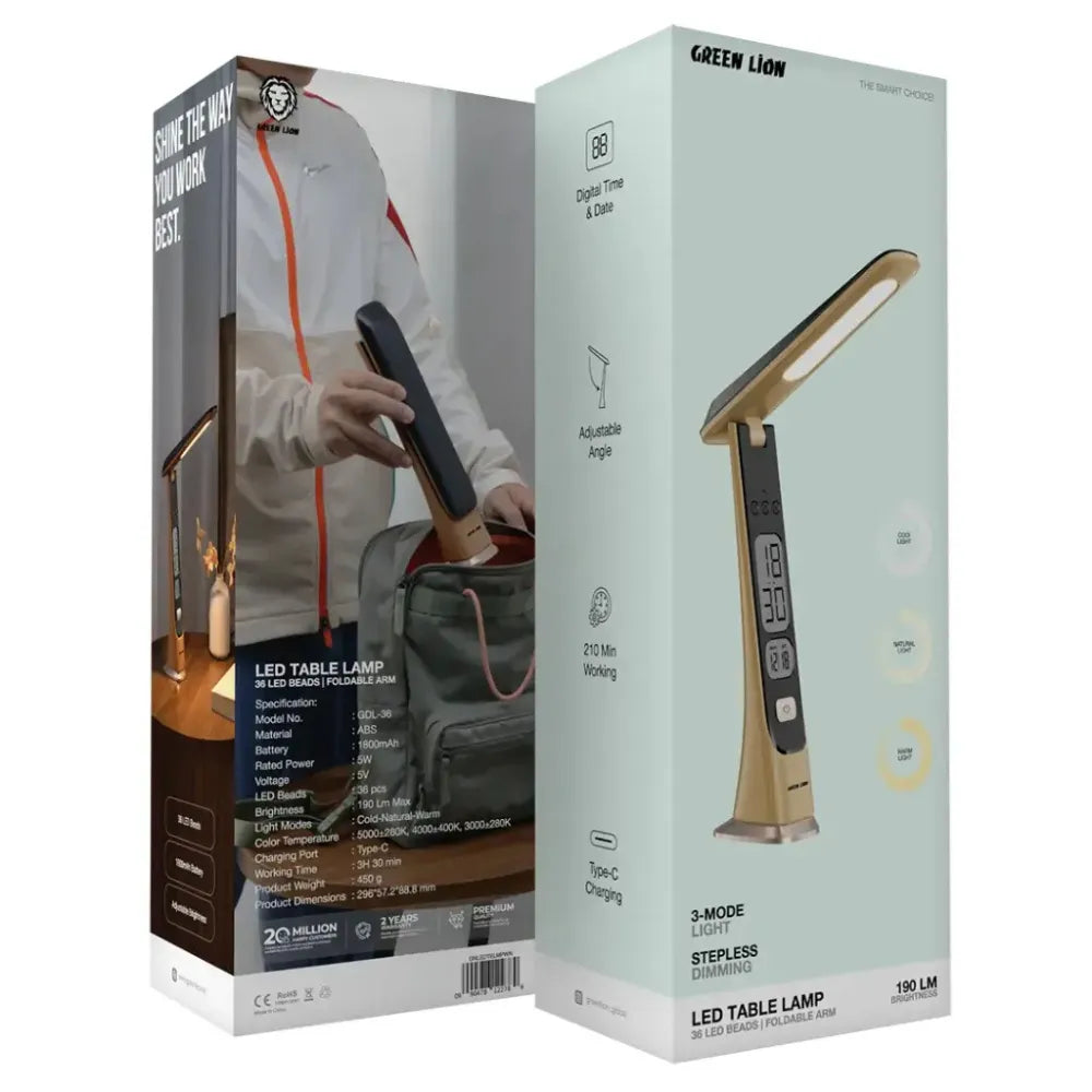 Green Lion LED Table Lamp Wooden with 36 LED Beads, 3 Light Modes, Step-less Dimming, 1800mAh Battery & Digital Display