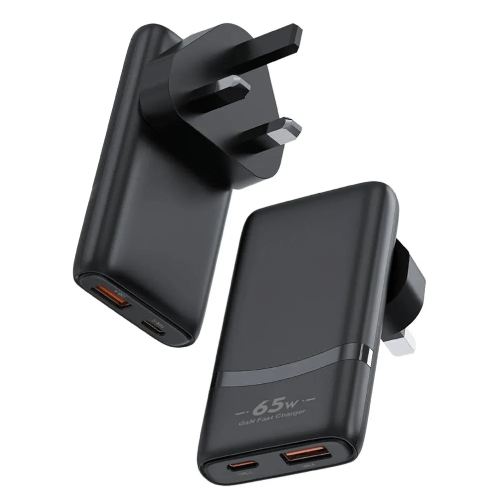 Green Lion 65W GaN Adapter UK Plug with Type-C & USB-A Ports, PPS 60W Fast Charging, Flame Retardant PC – Black