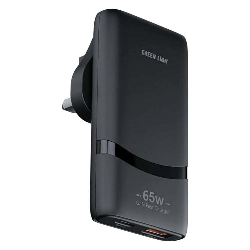 Green Lion 65W GaN Adapter UK Plug with Type-C & USB-A Ports, PPS 60W Fast Charging, Flame Retardant PC – Black