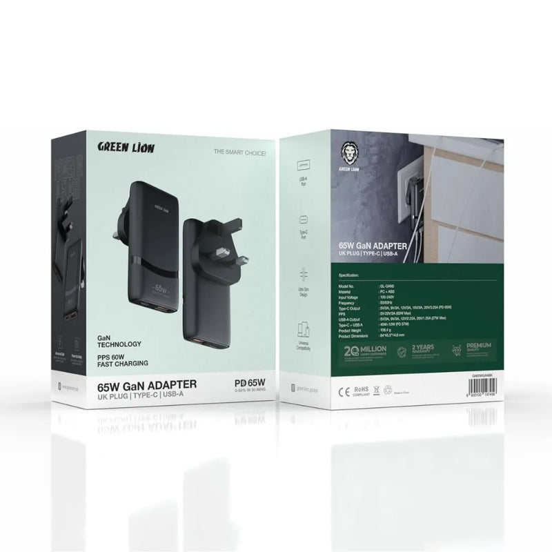 Green Lion 65W GaN Adapter UK Plug with Type-C & USB-A Ports, PPS 60W Fast Charging, Flame Retardant PC – Black