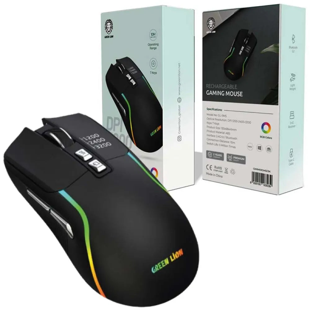 Green Lion Gaming RGB Colors Mouse 2.4GHz & Bluetooth 5.2 Rechargeable