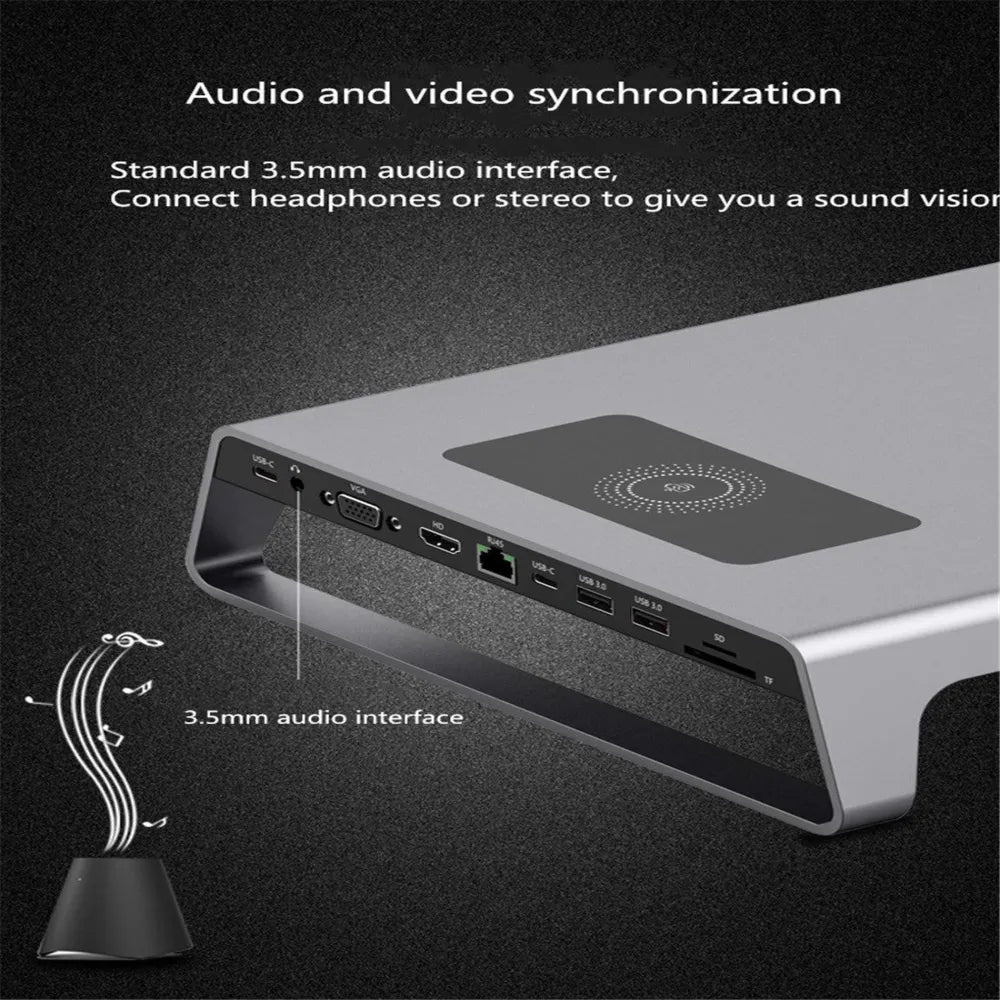 Onten Multifunctional Laptop Docking Station With Duals USB-C Port & Wireless Charging & 4K HDMI&VGA Output