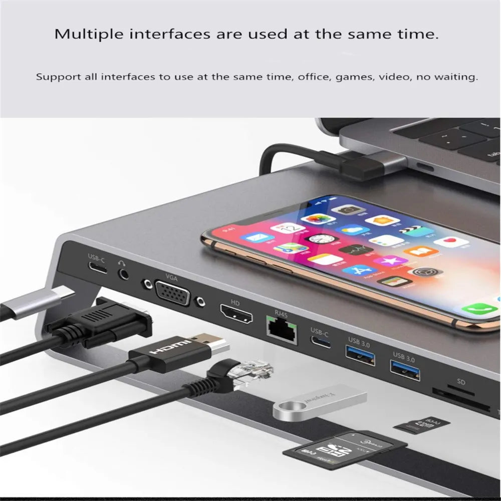 Onten Multifunctional Laptop Docking Station With Duals USB-C Port & Wireless Charging & 4K HDMI&VGA Output