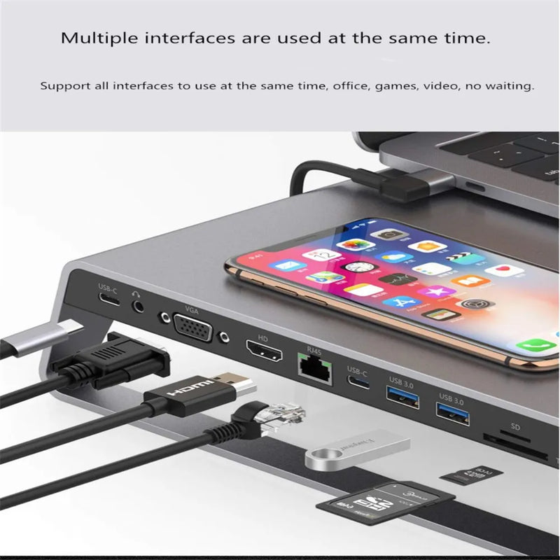 Onten Multifunctional Laptop Docking Station With Duals USB-C Port & Wireless Charging & 4K HDMI&VGA Output