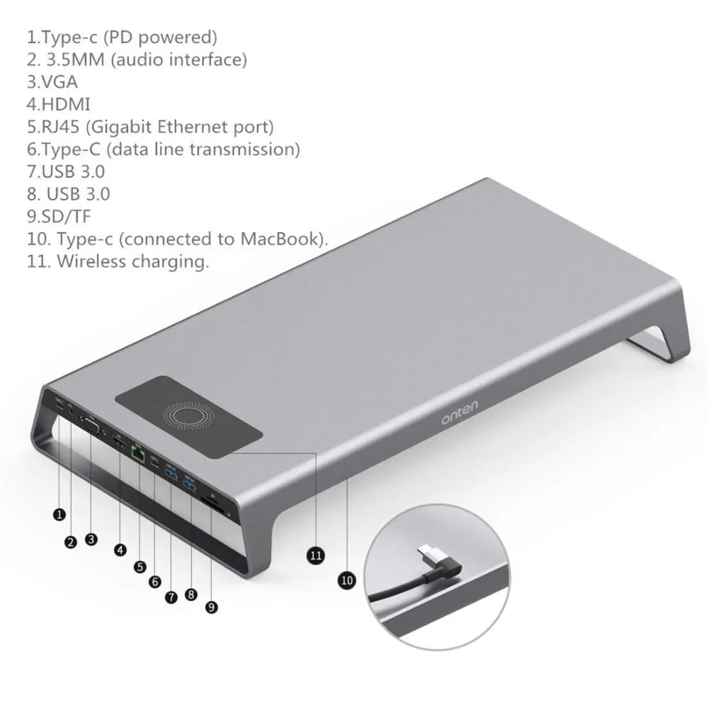 Onten Multifunctional Laptop Docking Station With Duals USB-C Port & Wireless Charging & 4K HDMI&VGA Output