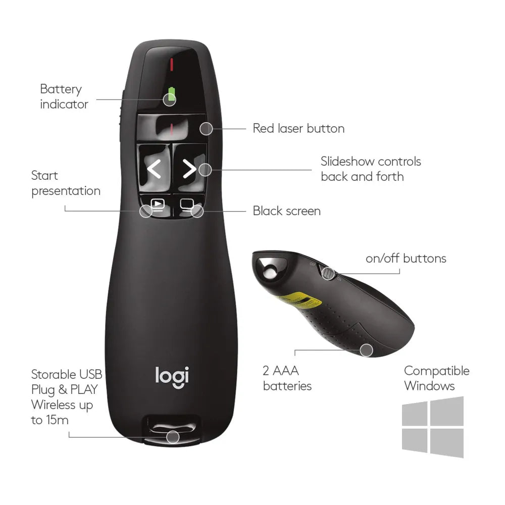 Logitech R400 Wireless Presenter 2 AAA Batteries 1050 Hour Battery Life