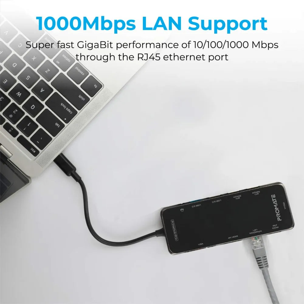 Promate Ultra-Fast Multiport Hub Includes USB-C, USB 3.0, USB 2.0, HDMI, VGA, and Ethernet 100W