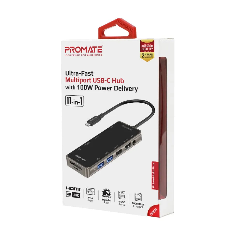 Promate Ultra-Fast Multiport Hub Includes USB-C, USB 3.0, USB 2.0, HDMI, VGA, and Ethernet 100W