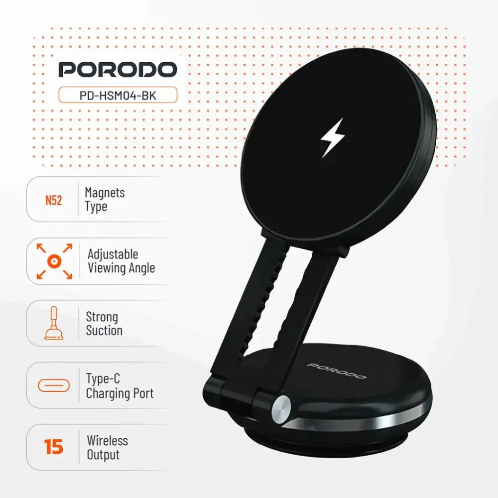 Porodo Vacuseal Magsafe Charging Mount 120mAh 15W Type-C Rechargeable – Black