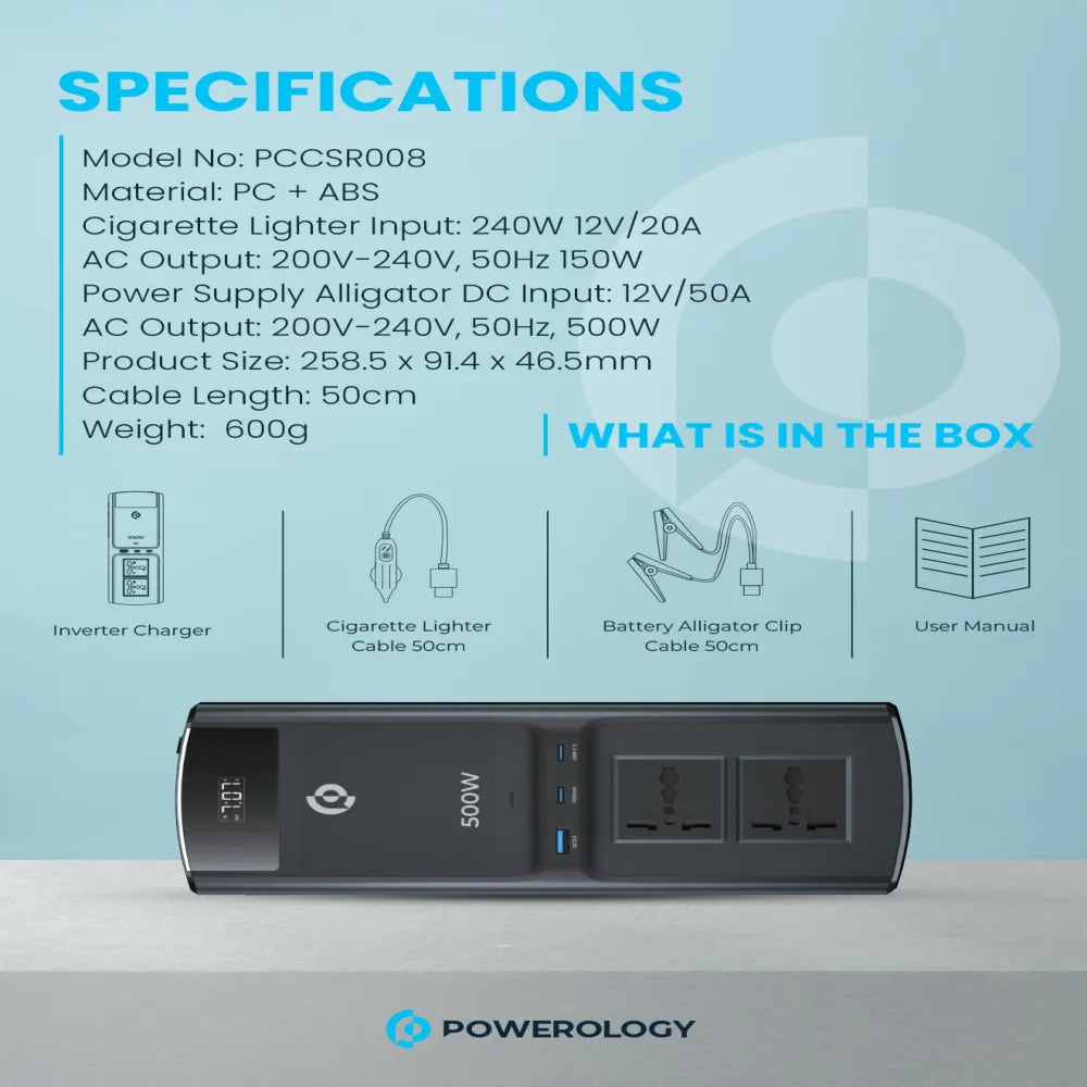 Powerology Multi-Port Car Universal Charging Inverter 500W