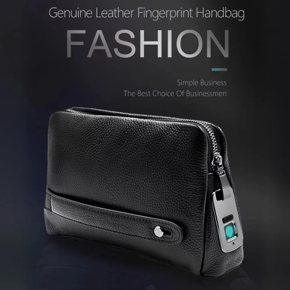 Fingerprint Lock Men’s Genuine Leather Underarm Strap Clutch Bag with Fingerprint Unlock & Envelope Design – Handbag for Men