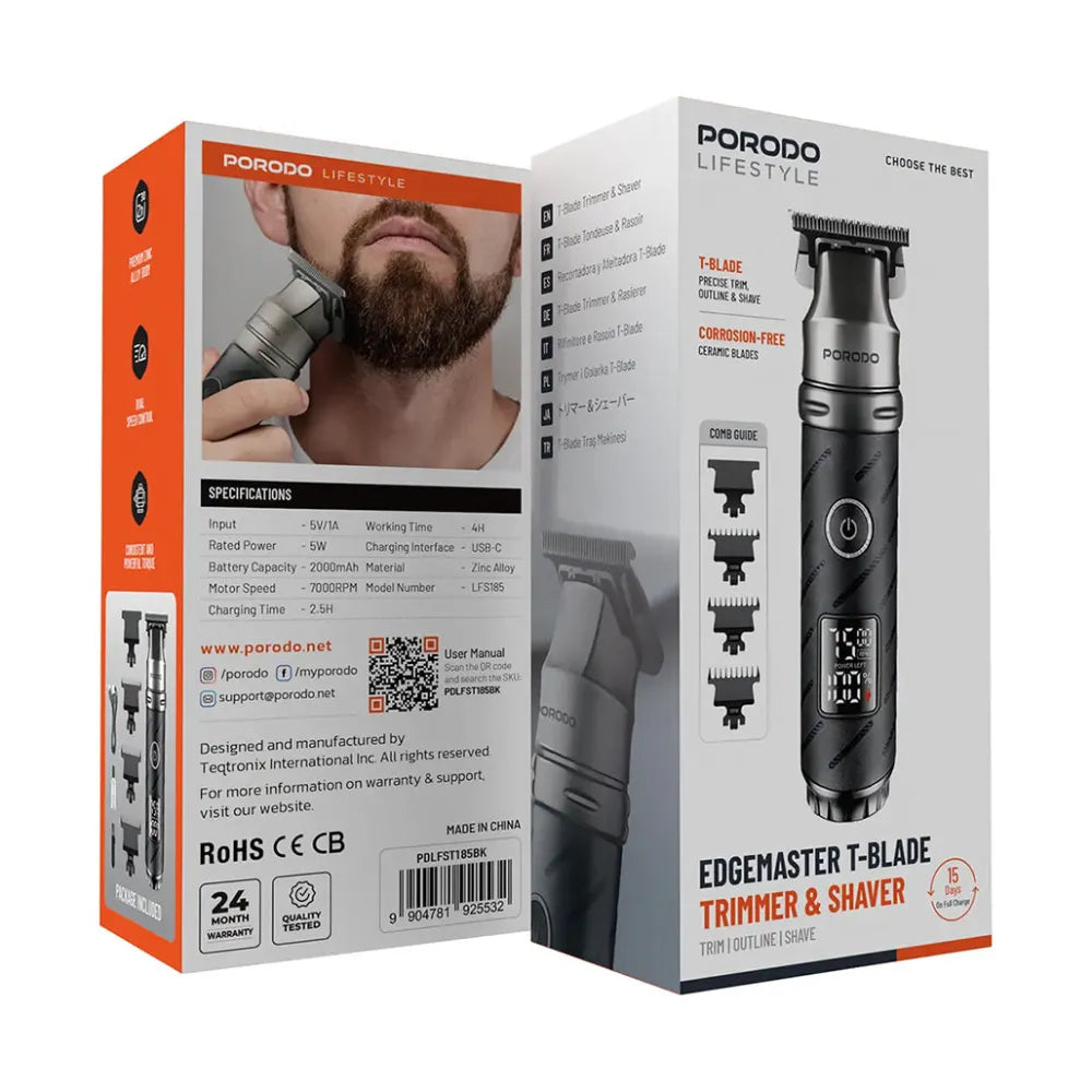 Porodo Lifestyle Edgemaster T-Blade Trimmer & Shaver with Dual Speed, 2000mAh Battery, USB-C Fast