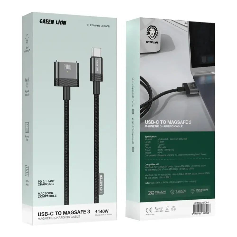Green Lion USB-C to MagSafe 3 Magnetic Charging Cable, 1.83m, 140W PD 3.1 Fast Charging, MacBook Compatible