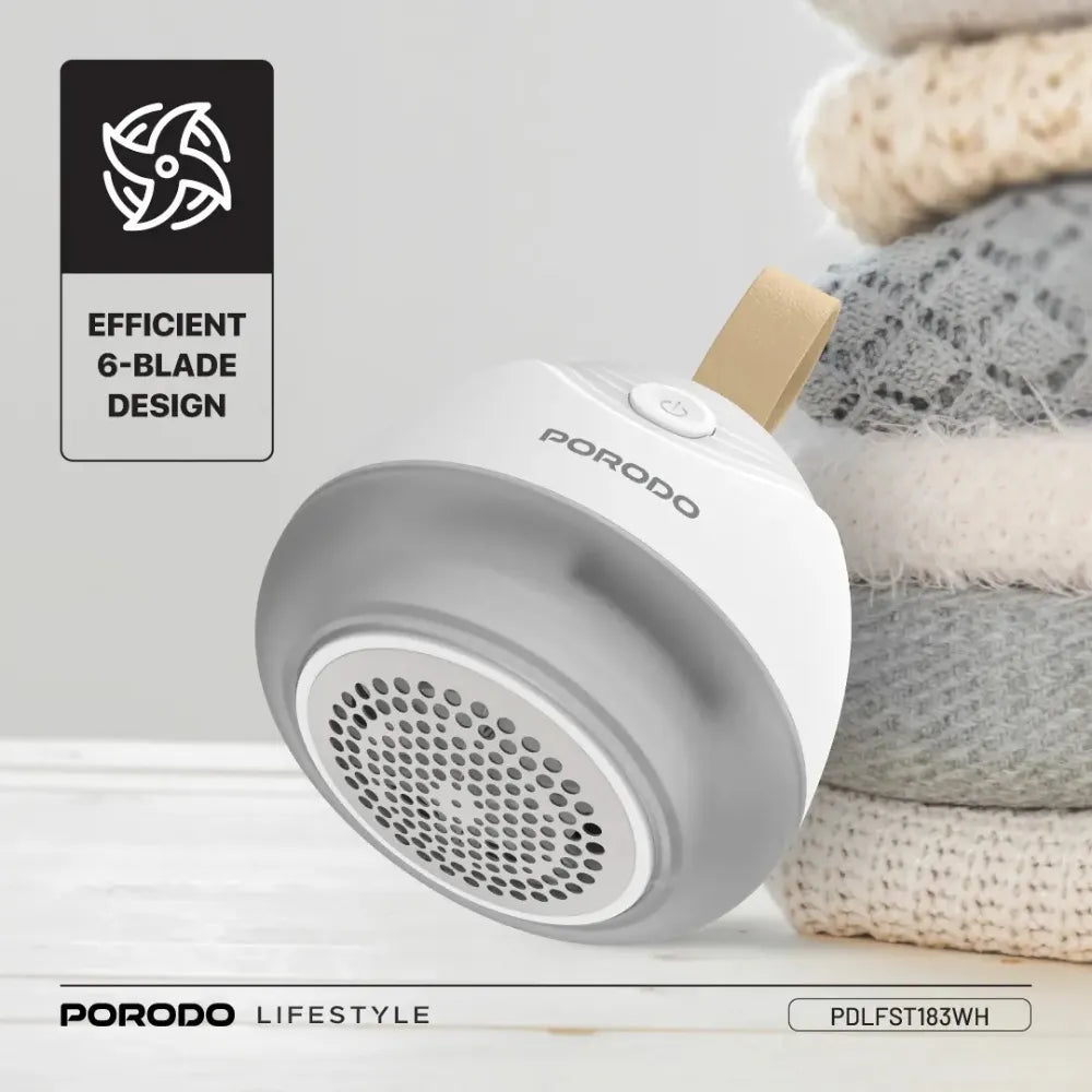 Porodo Lifestyle Fabric Shaver Lint & Bobbles Remover with 7200RPM Motor, 6 Knives, 600mAh Battery & USB-C Charging – White