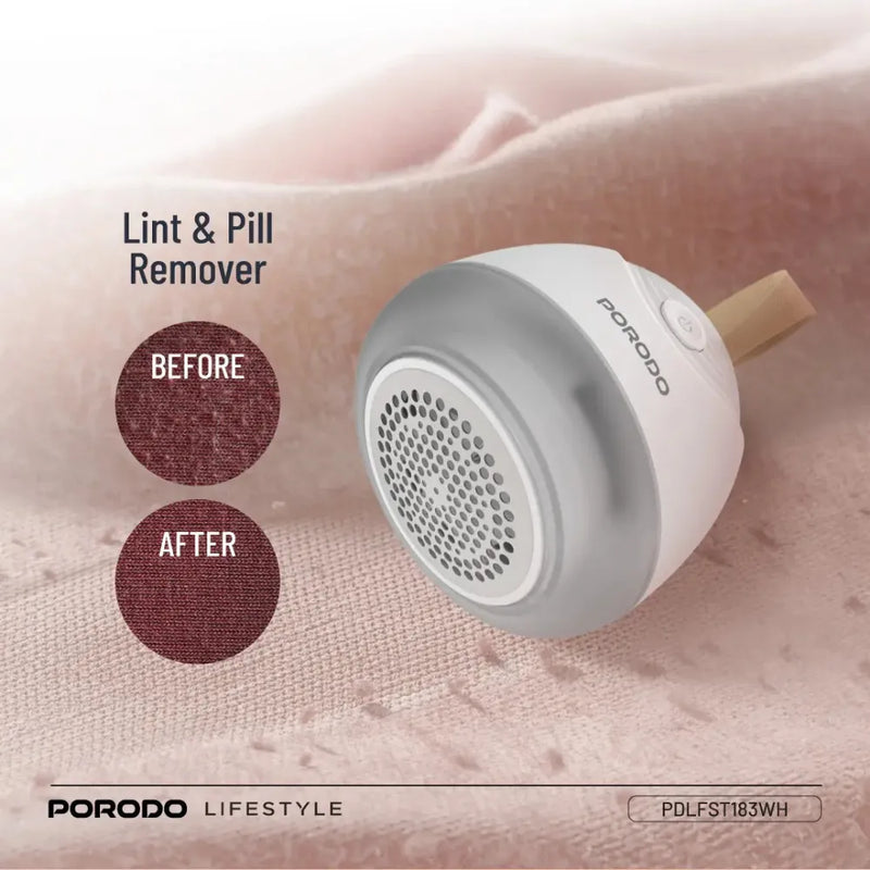 Porodo Lifestyle Fabric Shaver Lint & Bobbles Remover with 7200RPM Motor, 6 Knives, 600mAh Battery & USB-C Charging – White