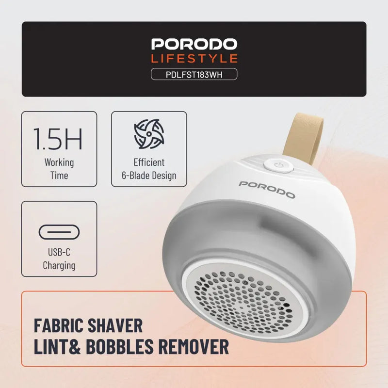 Porodo Lifestyle Fabric Shaver Lint & Bobbles Remover with 7200RPM Motor, 6 Knives, 600mAh Battery & USB-C Charging – White
