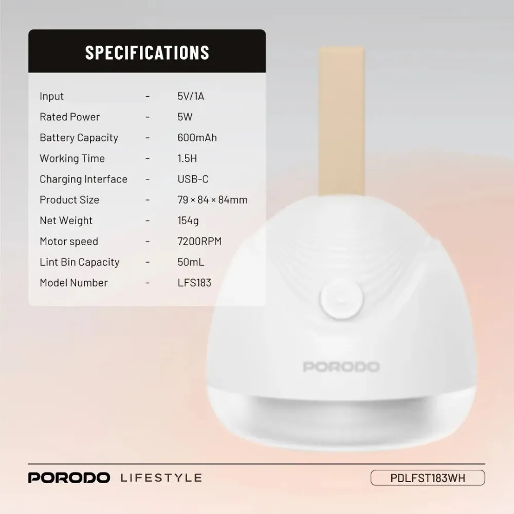 Porodo Lifestyle Fabric Shaver Lint & Bobbles Remover with 7200RPM Motor, 6 Knives, 600mAh Battery & USB-C Charging – White