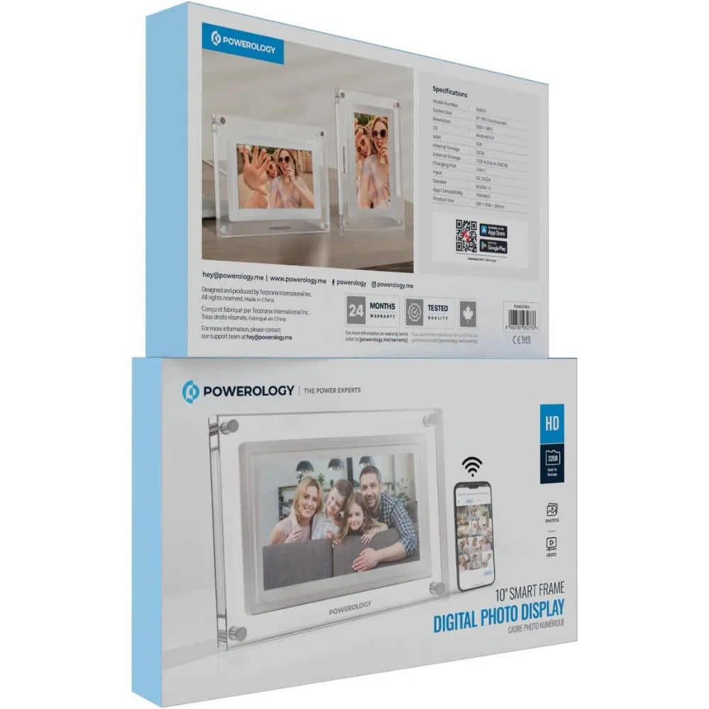 Powerology 10" Digital Photo Frame, HD IPS Touchscreen, Android 6.0, 32GB Storage, Wireless Sharing & Smart Photo Centering