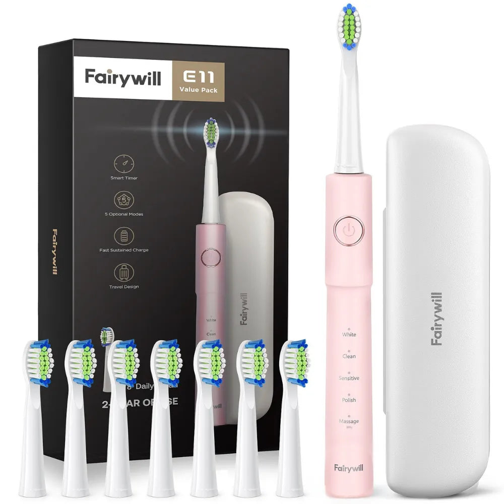 Fairywill E11 Electric Toothbrush, 62,000 VPC Maglev Motor, 8 DuPont Brush Heads, 2-Min Smart Timer