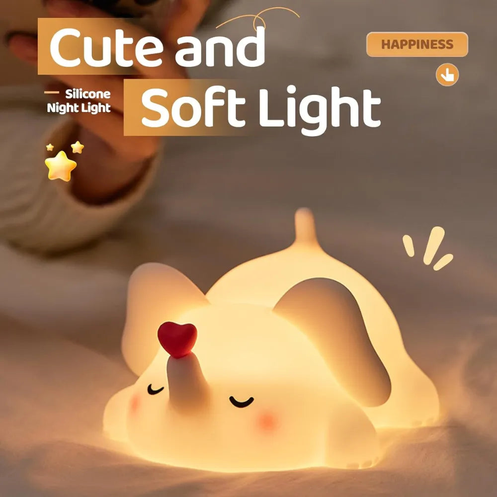 Cute Elephant Silicone Night Light, Patting LED Bedside Lamp, Soft Touch, Rechargeable, Baby-Safe Silicone for Kids Room & Gifts