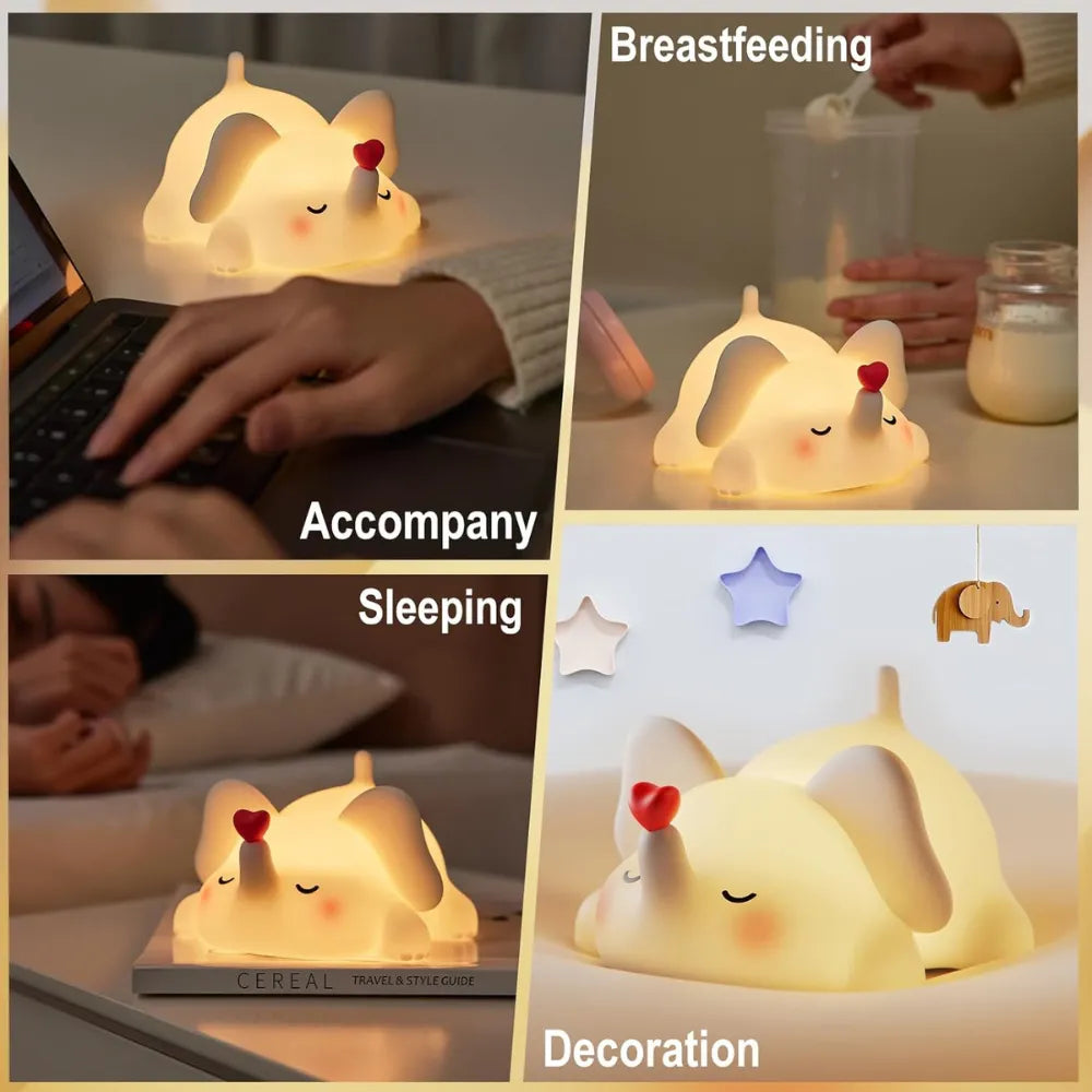 Cute Elephant Silicone Night Light, Patting LED Bedside Lamp, Soft Touch, Rechargeable, Baby-Safe Silicone for Kids Room & Gifts