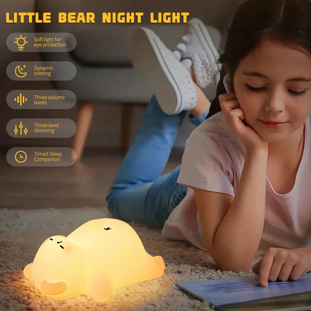 Sleepy Snoring Bear Night Light, Realistic Snoring & Belly Movement, 3-Level Brightness & Sound, USB-C Rechargeable