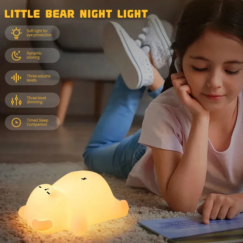 Sleepy Snoring Bear Night Light, Realistic Snoring & Belly Movement, 3-Level Brightness & Sound, USB-C Rechargeable