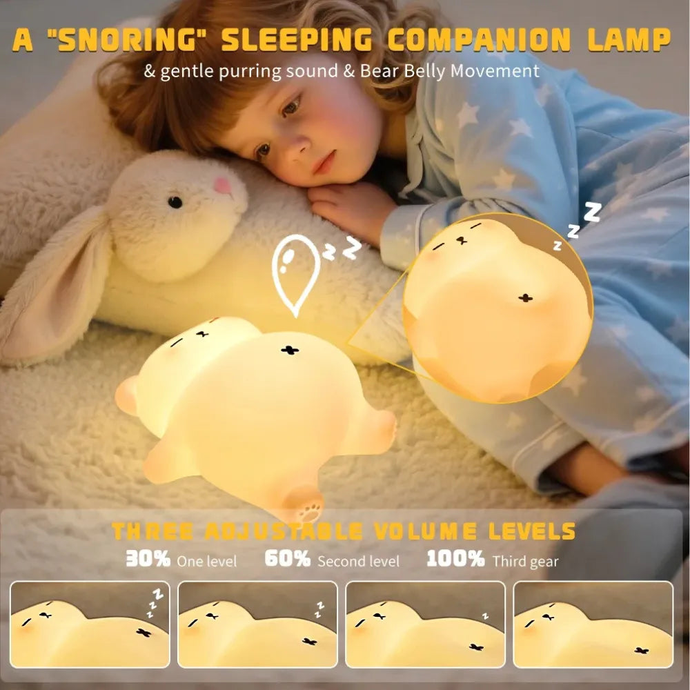 Sleepy Snoring Bear Night Light, Realistic Snoring & Belly Movement, 3-Level Brightness & Sound, USB-C Rechargeable