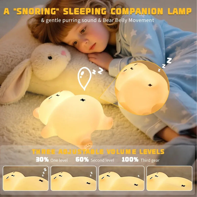 Sleepy Snoring Bear Night Light, Realistic Snoring & Belly Movement, 3-Level Brightness & Sound, USB-C Rechargeable