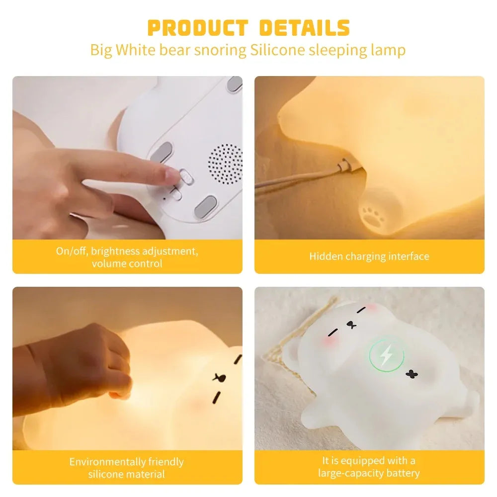 Sleepy Snoring Bear Night Light, Realistic Snoring & Belly Movement, 3-Level Brightness & Sound, USB-C Rechargeable