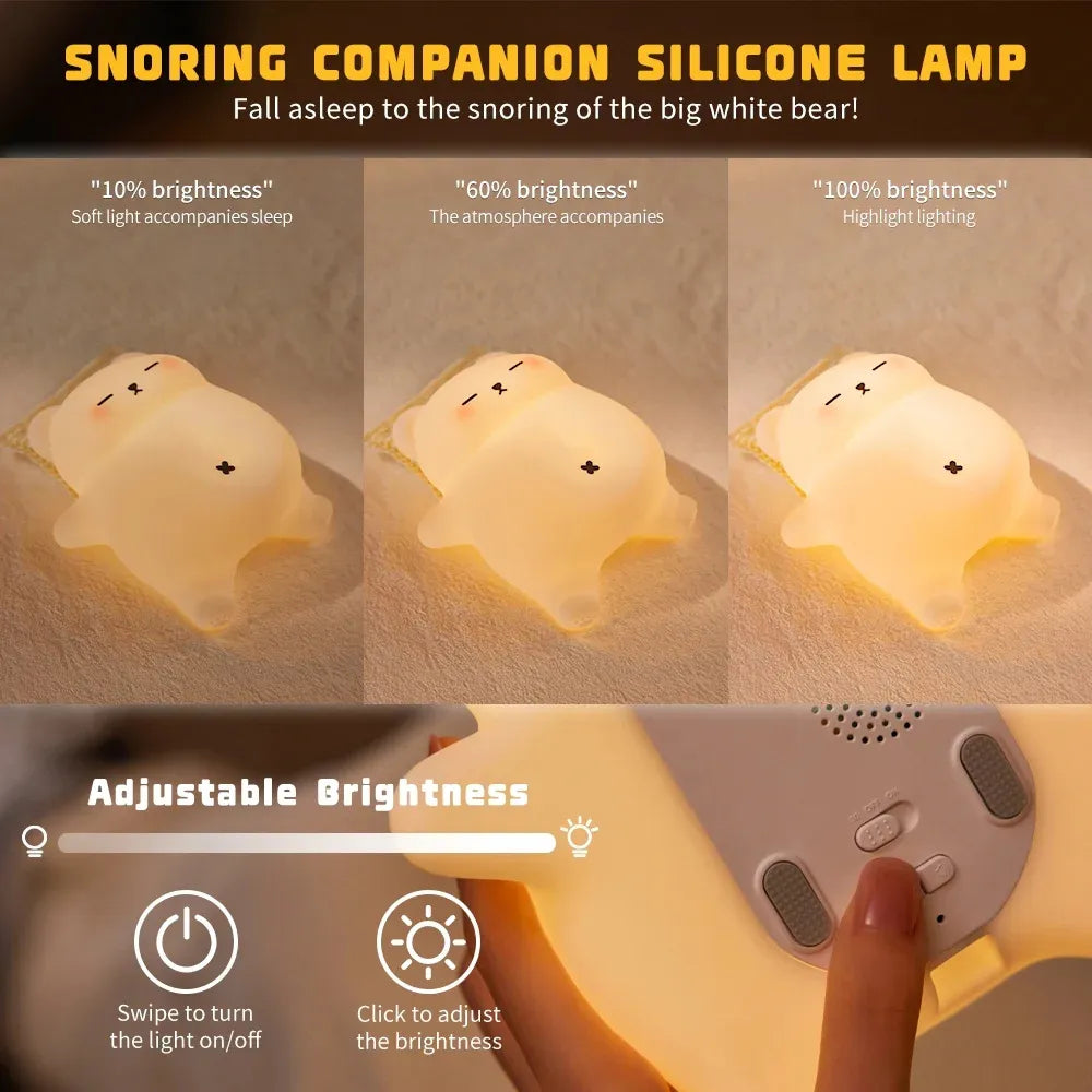Sleepy Snoring Bear Night Light, Realistic Snoring & Belly Movement, 3-Level Brightness & Sound, USB-C Rechargeable