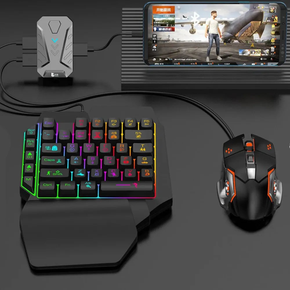 4-in-1 Mobile Gaming Combo, Half Hand Gaming Keyboard, Mouse, Converter & Adjustable Phone Stand, Bluetooth No-Lag Gamepad Controller