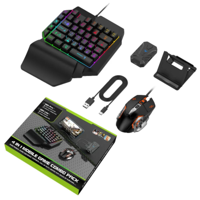 4-in-1 Mobile Gaming Combo, Half Hand Gaming Keyboard, Mouse, Converter & Adjustable Phone Stand, Bluetooth No-Lag Gamepad Controller