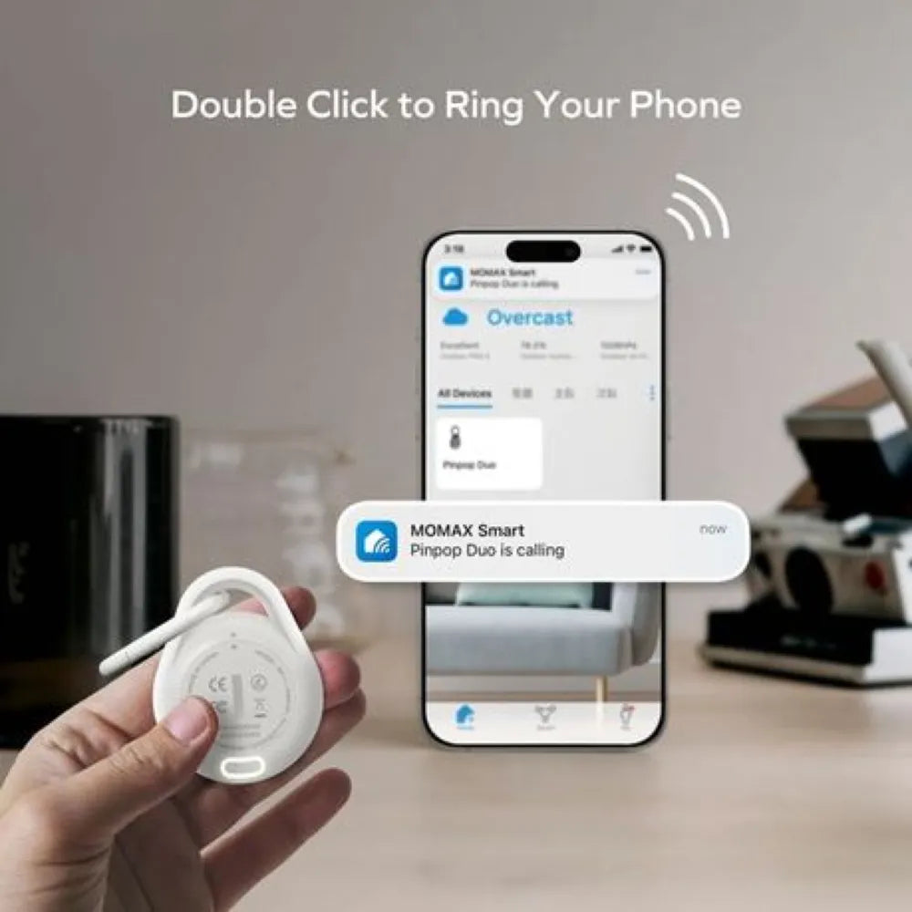 MOMAX Pinpop Lite Find My Locator, Smart Bluetooth Tracker with Apple Find My App Support, Two-Way Alarm