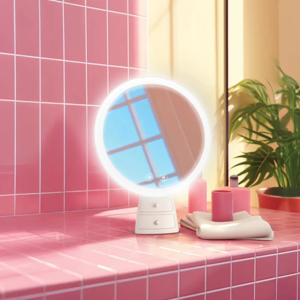 Porodo Vanity Makeup LED Illuminated Mirror, 3 Light Modes, One-Touch Control, Built-in Storage Drawer