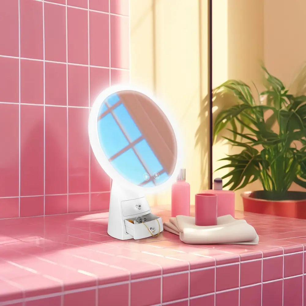 Porodo Vanity Makeup LED Illuminated Mirror, 3 Light Modes, One-Touch Control, Built-in Storage Drawer