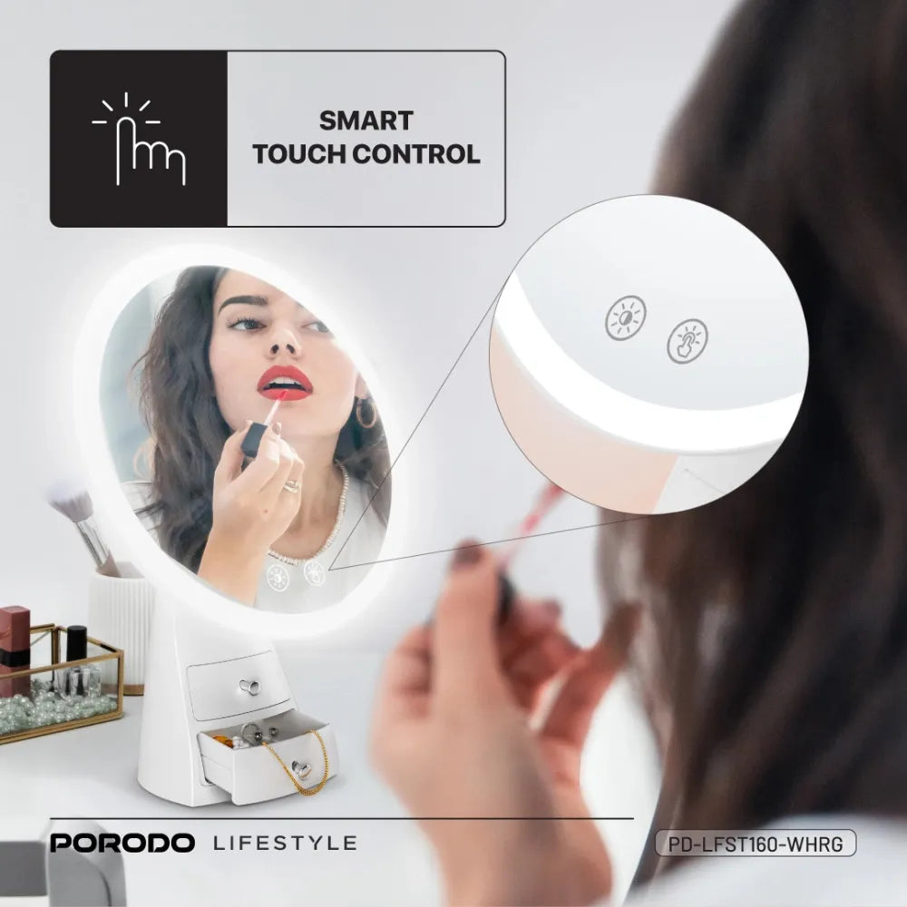 Porodo Vanity Makeup LED Illuminated Mirror, 3 Light Modes, One-Touch Control, Built-in Storage Drawer