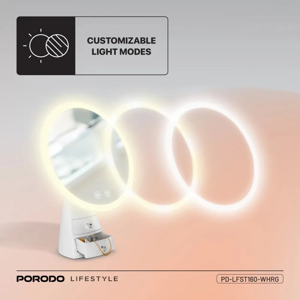 Porodo Vanity Makeup LED Illuminated Mirror, 3 Light Modes, One-Touch Control, Built-in Storage Drawer