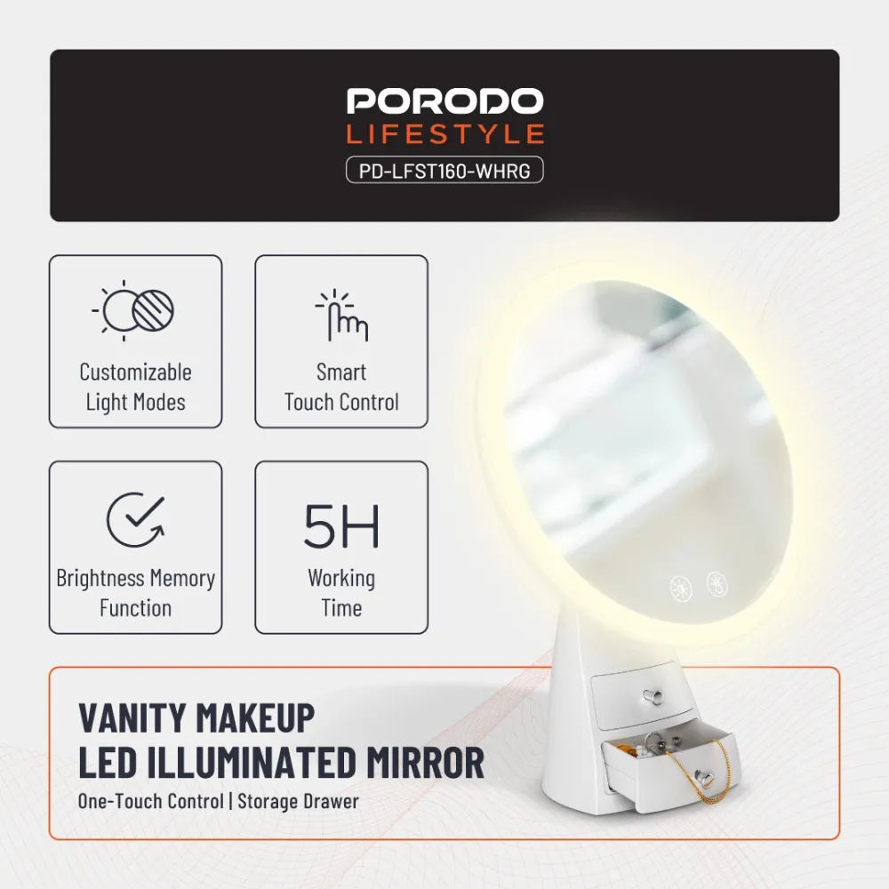Porodo Vanity Makeup LED Illuminated Mirror, 3 Light Modes, One-Touch Control, Built-in Storage Drawer