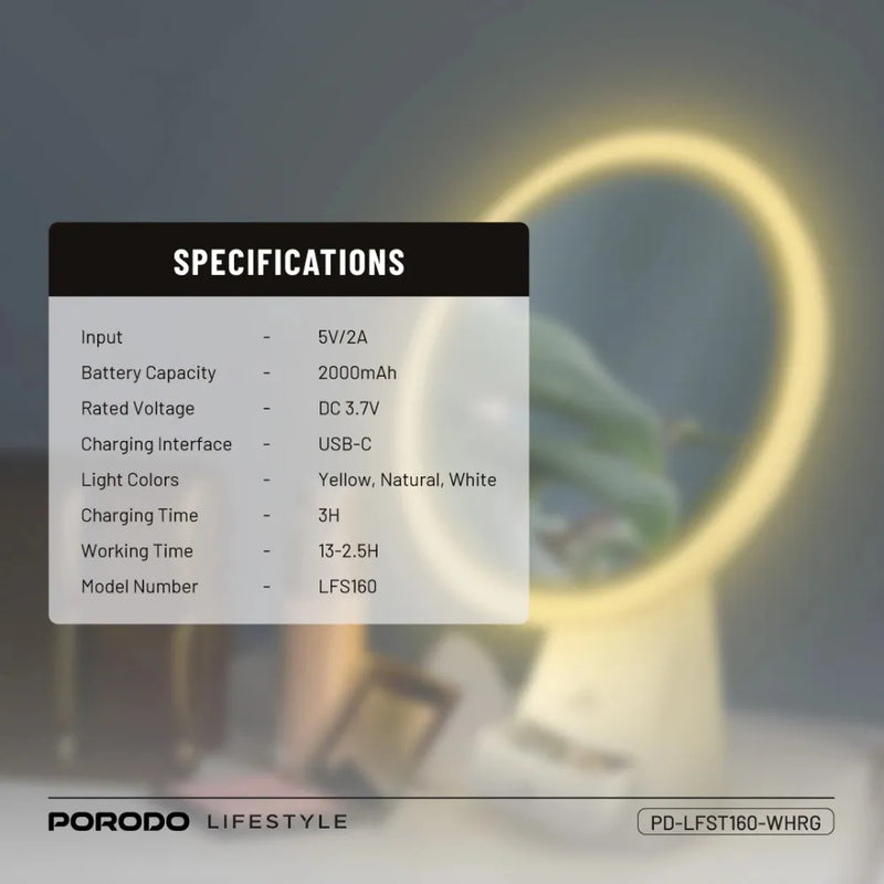 Porodo Vanity Makeup LED Illuminated Mirror, 3 Light Modes, One-Touch Control, Built-in Storage Drawer