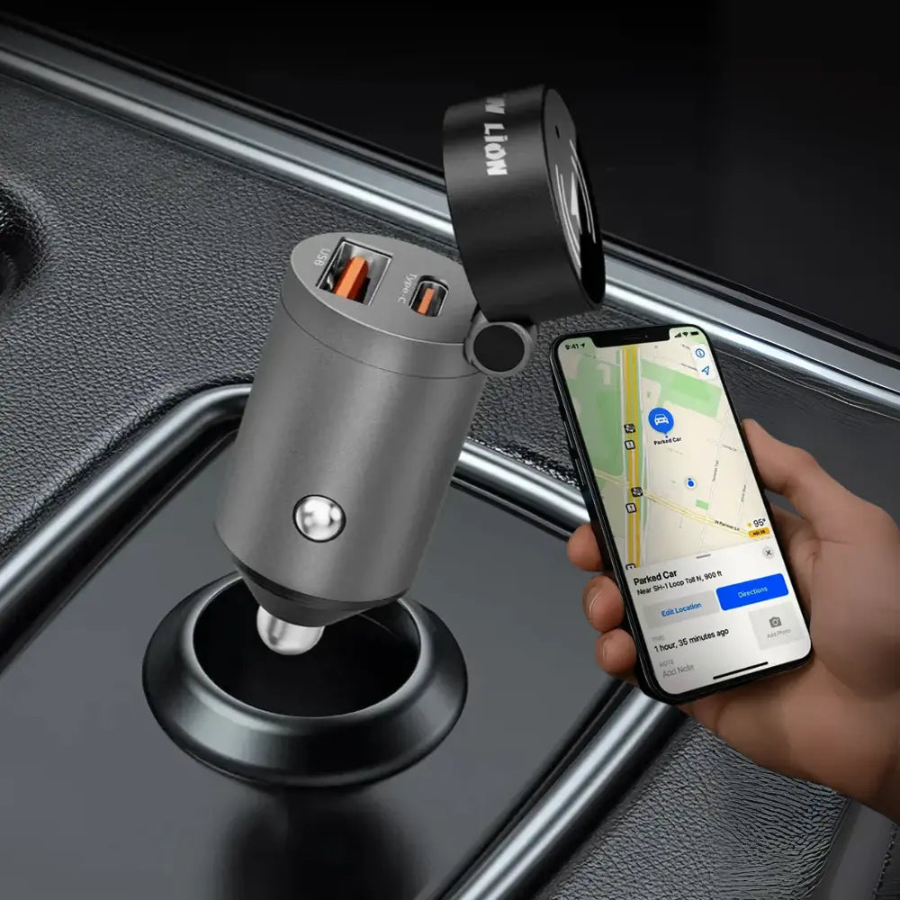 Green Lion Tracker Dual Port Car Charger, 30W USB-C PD + 22.5W USB-A QC, Built-in Bluetooth Tracker, Find My Compatible – Black