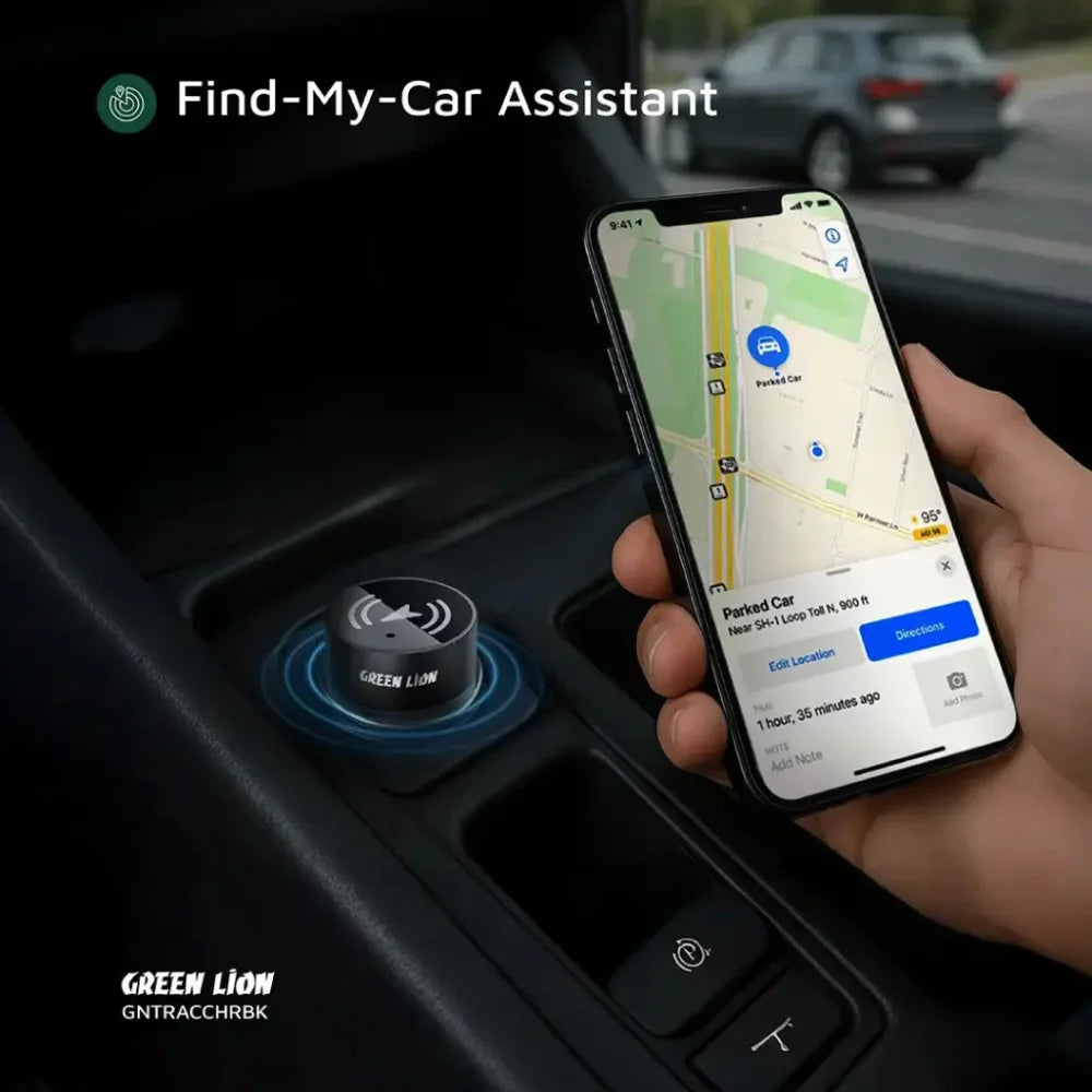 Green Lion Tracker Dual Port Car Charger, 30W USB-C PD + 22.5W USB-A QC, Built-in Bluetooth Tracker, Find My Compatible – Black