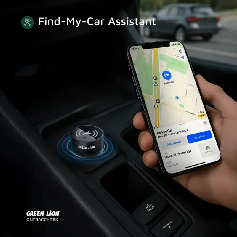 Green Lion Tracker Dual Port Car Charger, 30W USB-C PD + 22.5W USB-A QC, Built-in Bluetooth Tracker, Find My Compatible – Black