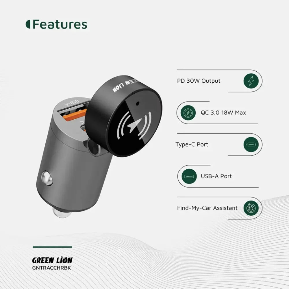 Green Lion Tracker Dual Port Car Charger, 30W USB-C PD + 22.5W USB-A QC, Built-in Bluetooth Tracker, Find My Compatible – Black