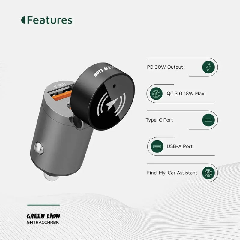 Green Lion Tracker Dual Port Car Charger, 30W USB-C PD + 22.5W USB-A QC, Built-in Bluetooth Tracker, Find My Compatible – Black