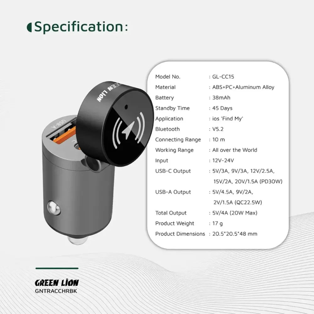 Green Lion Tracker Dual Port Car Charger, 30W USB-C PD + 22.5W USB-A QC, Built-in Bluetooth Tracker, Find My Compatible – Black