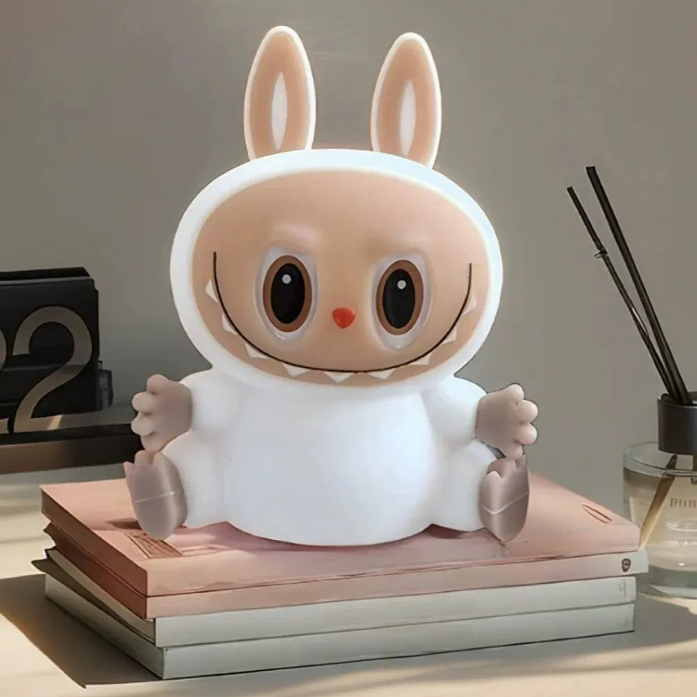 Cute Silicone LED Night Light Labubu, USB Rechargeable, Touch Control, Soft Ambient Lamp for Kids & Bedroom - White