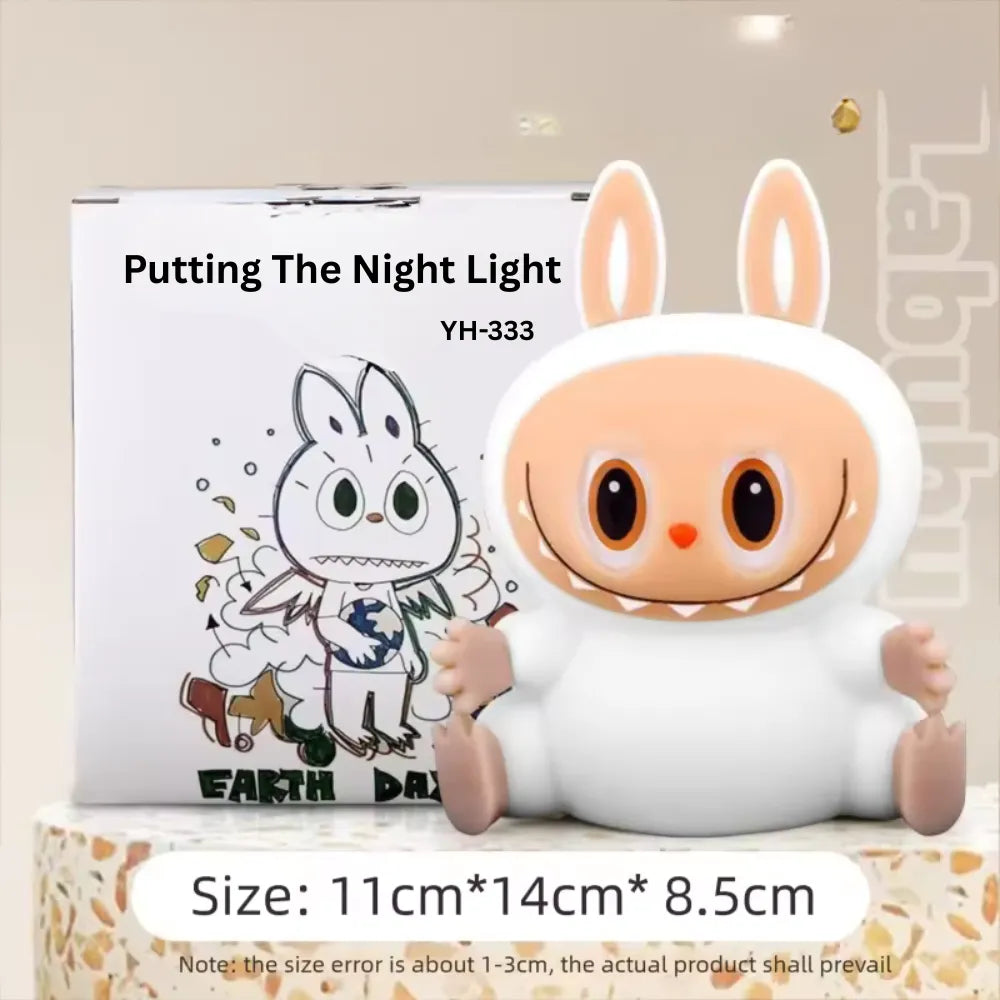 Cute Silicone LED Night Light Labubu, USB Rechargeable, Touch Control, Soft Ambient Lamp for Kids & Bedroom - White