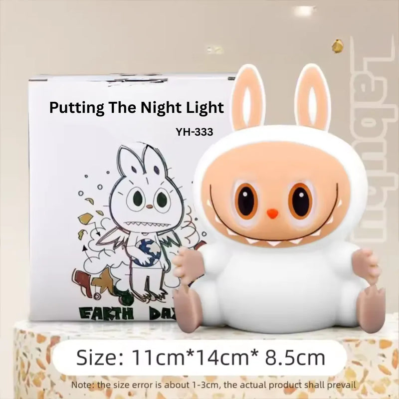 Cute Silicone LED Night Light Labubu, USB Rechargeable, Touch Control, Soft Ambient Lamp for Kids & Bedroom - White