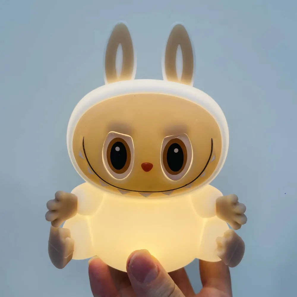 Cute Silicone LED Night Light Labubu, USB Rechargeable, Touch Control, Soft Ambient Lamp for Kids & Bedroom - Beige